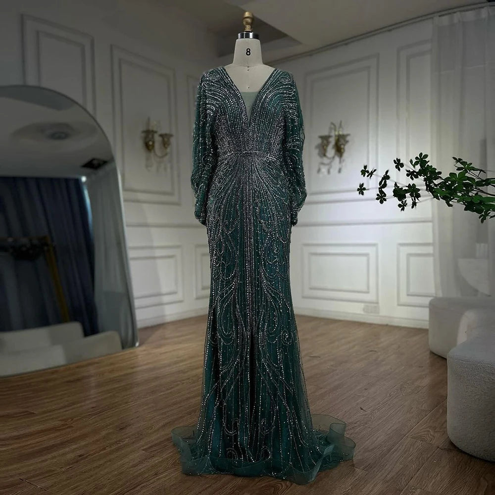 Serene Hill Arabic Gold Elegant Mermaid Black  Beaded Evening Dresses Gowns Diamond For Party 2025 LA72288A Customized