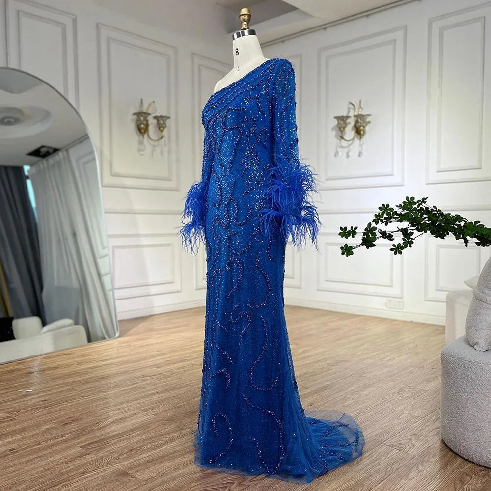 Serene Hill Blue Mermaid Elegant One-Shoulder Beaded Feathers  Evening Dress Gown for 's Wedding Party 2025 LA72395 Customized