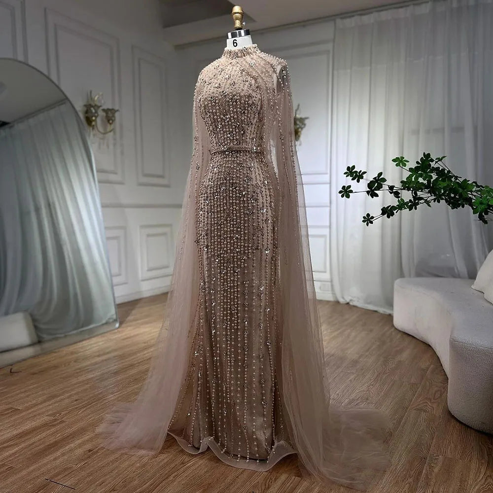 Muslim Nude Mermaid Cape Sleeves Pearls Beaded Luxury Dubai Evening Dresses Gowns 2025 Wedding Party LA72372 Customized