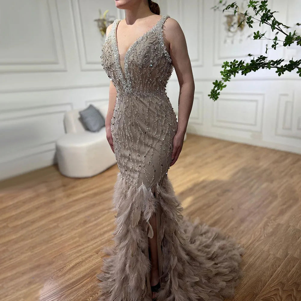 Serene Hill Pink Mermaid High Split Evening Dresses Feather Beaded Gowns Long 2025 For Women Wedding Party LA72152 Customized