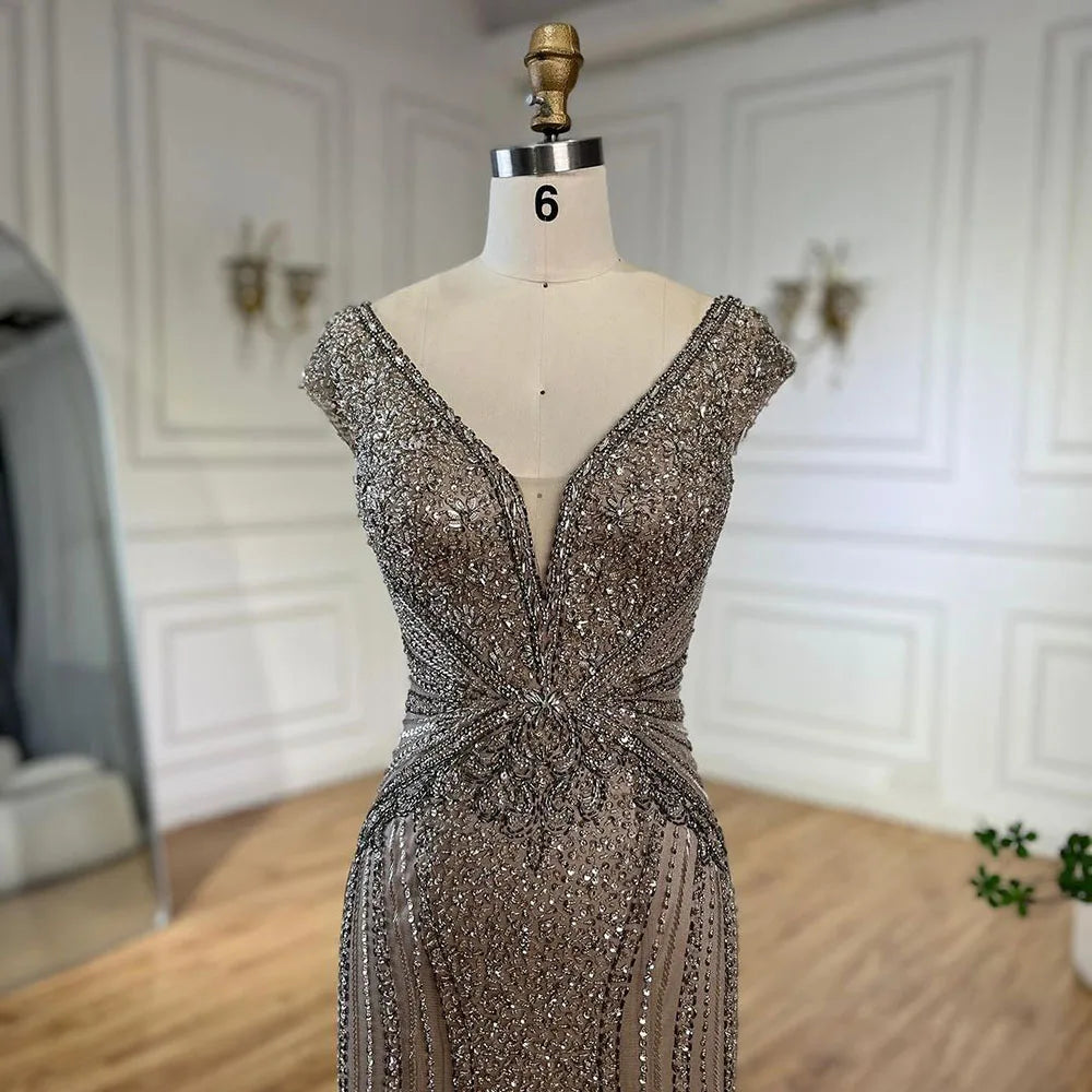 Customized Dubai Caramel Elegant Sleeveles Mermaid Beaded Arabic Evening Dresses Gowns For Women Wedding Party 2025 LA72456