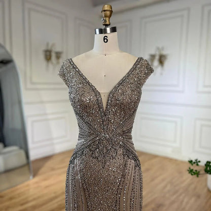 Customized Dubai Caramel Elegant Sleeveles Mermaid Beaded Arabic Evening Dresses Gowns For Women Wedding Party 2025 LA72456