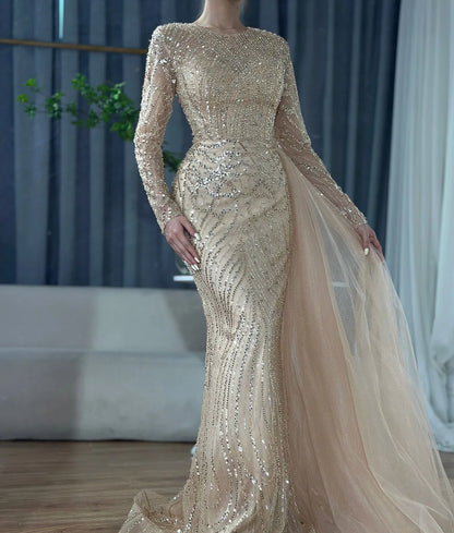 Serene Hill Caramel Beaded Mermaid Long Arabic Evening Dresses Gowns With Overskirt for Formal Occasion 2025 LA71673A Customized