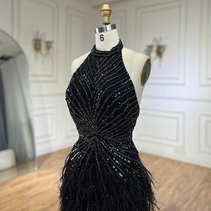 Serene Hill Dubai Halter Beige  Feathers Beaded Formal Luxury Mermaid Evening Dresses For Women Wedding Party 2025 LA70623A
