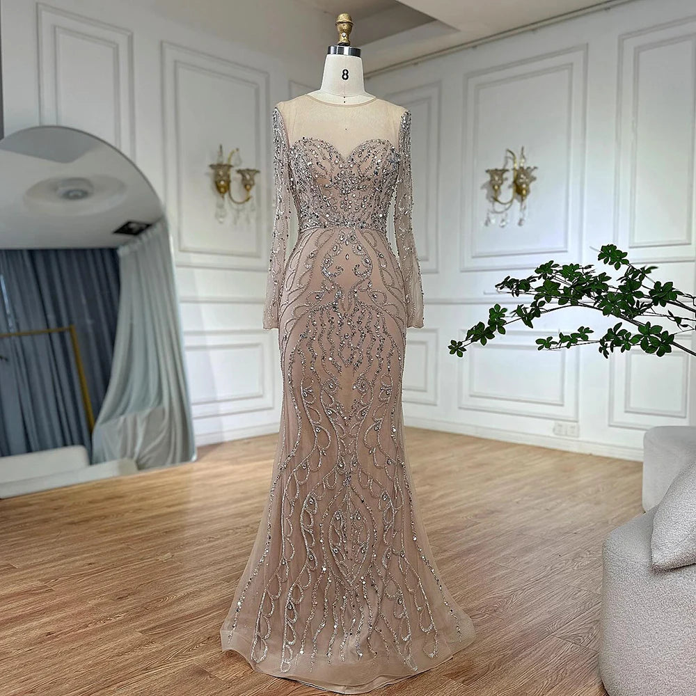 Serene Hill 2025 Customized Pink Beaded Saudi Arabic Mermaid Evening Dresses With Sheer Long Sleeves For Formal Occasion LA72875