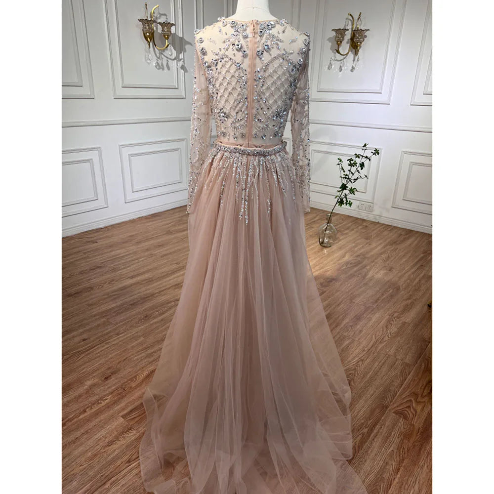 Serene Hill Muslim Silver Nude Mermaid Gown with Detachable Overskirt Beaded Evening Dress for Women Wedding Party 2025 LA71919