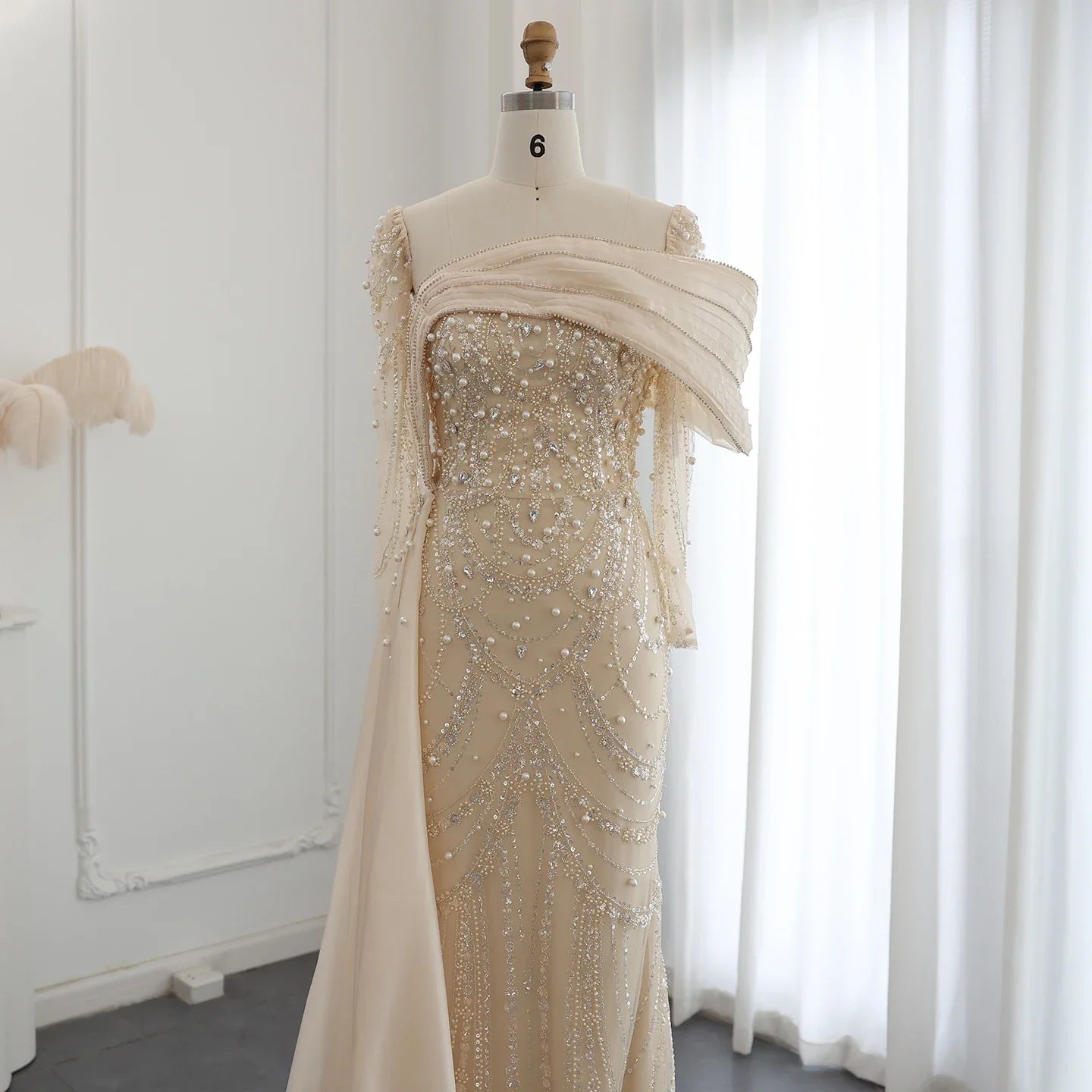 Sharon Said Nude Luxury Crystal Mermaid Evening Dress with Overskirt Long Sleeve Dubai Wedding Formal Prom Gown SS256 Customized