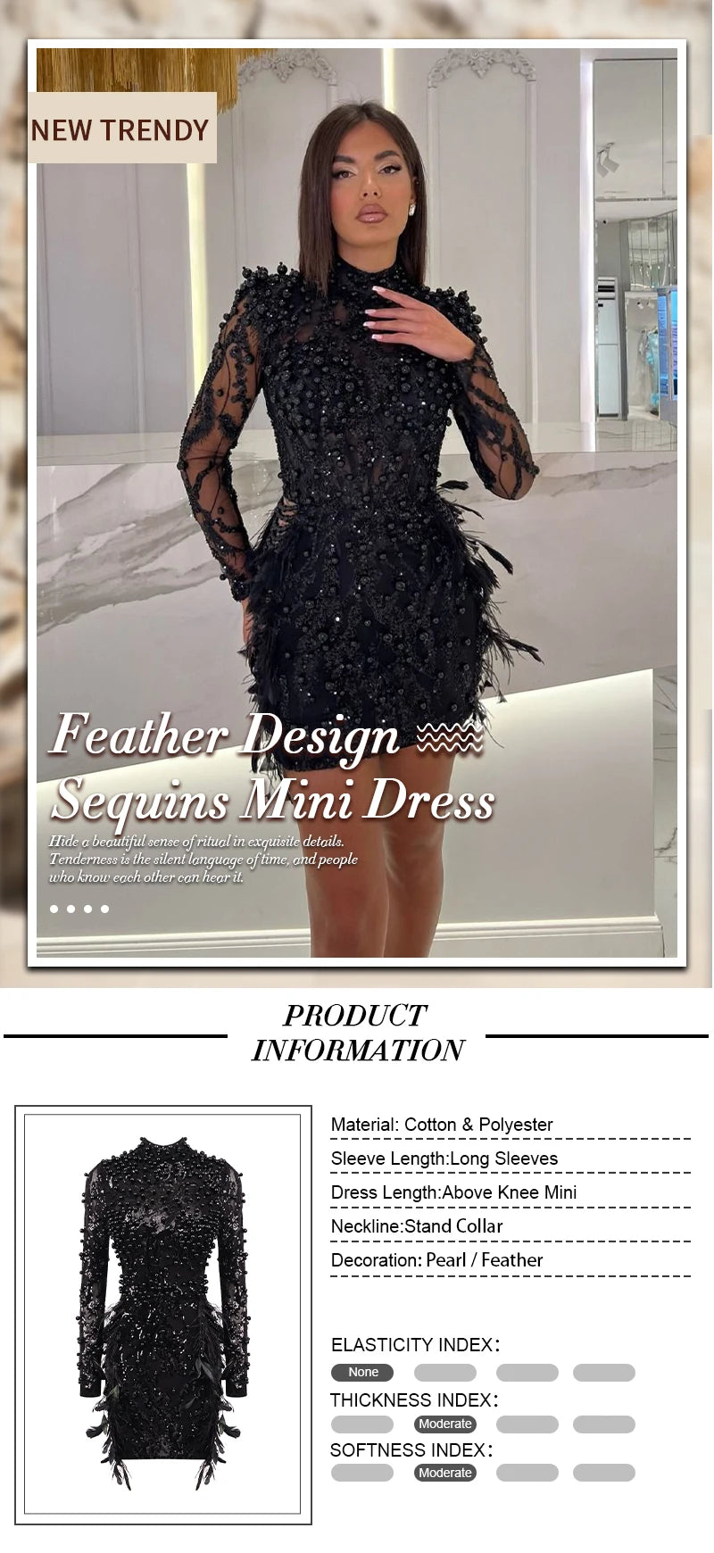 VC Black Long Sleeve Short Dress Turtle Neck Feather Pearl Embellished Handmade Beads Prom Celebrity Cocktail Party Evening Gown