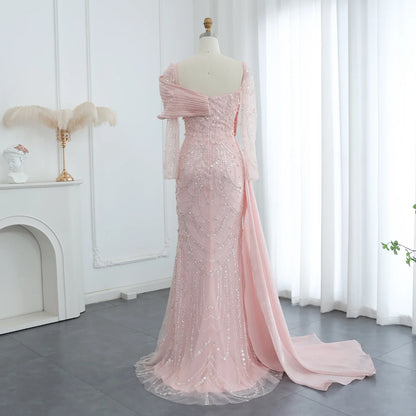 Sharon Said Nude Luxury Crystal Mermaid Evening Dress with Overskirt Long Sleeve Dubai Wedding Formal Prom Gown SS256 Customized