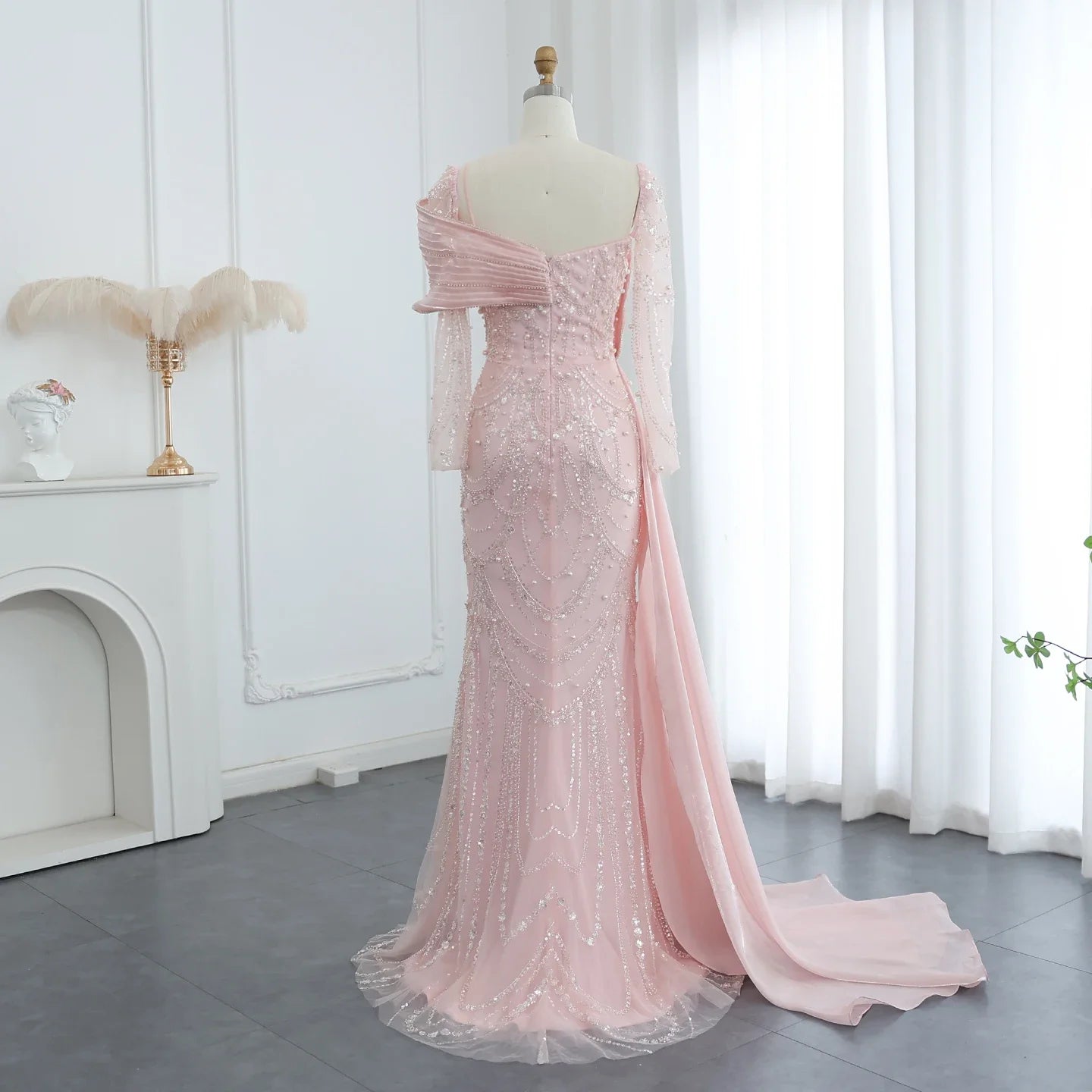 Sharon Said Nude Luxury Crystal Mermaid Evening Dress with Overskirt Long Sleeve Dubai Wedding Formal Prom Gown SS256 Customized