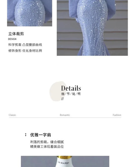 Woman's Dress High Dress Off-Shoulder Blue Evening Dress Light Luxury Niche Mermaid Sequin Host Elegant Party Dress