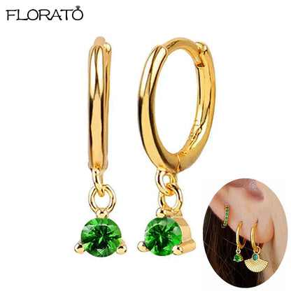 925 Sterling Silver Needle Luxury Green Zircon Pendant Earrings Trend Gold Color Small Hoop Earrings for Women Fashion Jewelry