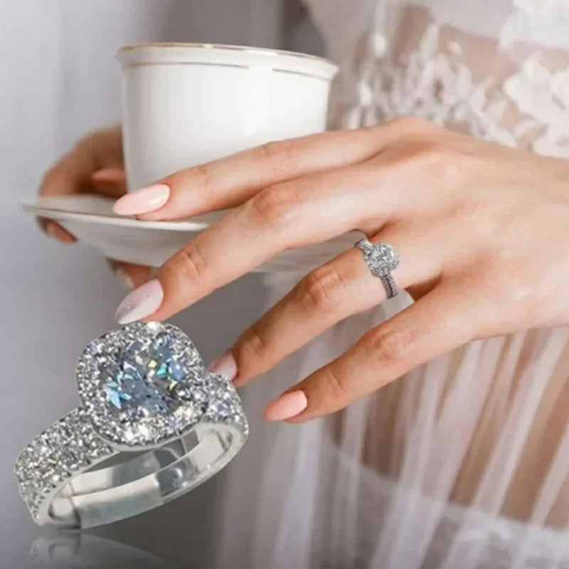 CAOSHI Sparkling Fully Inlaid Zirconia 2Pc/Set Rings 925 Sterling Silver Absolutely Stunning  Jewelry Engagement Women Jewelry