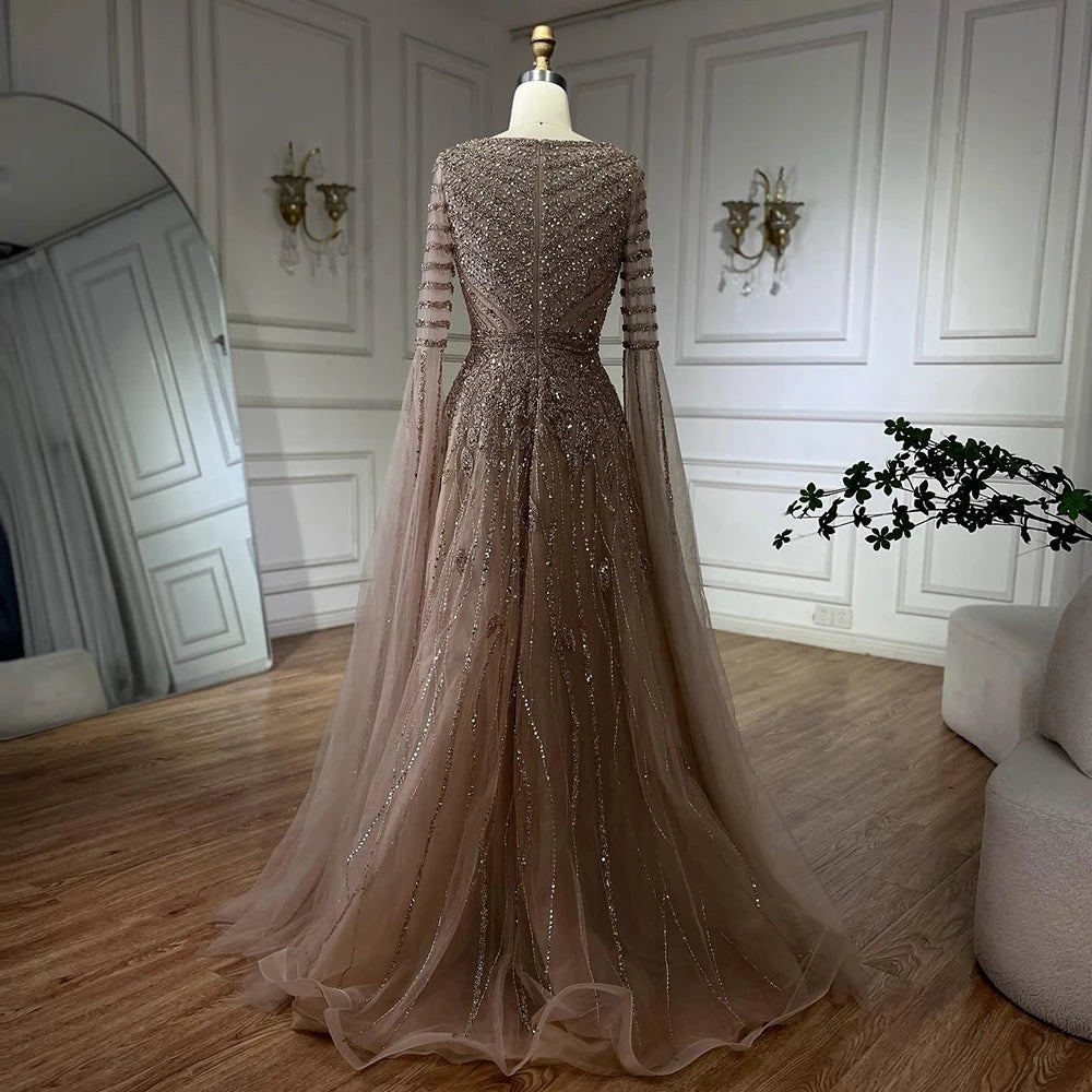 Customized 2025 Arabic Caramel Elegant A-Line Beaded Long Evening Dresses Gowns With Cape Sleeves For Formal Occasio LA72750