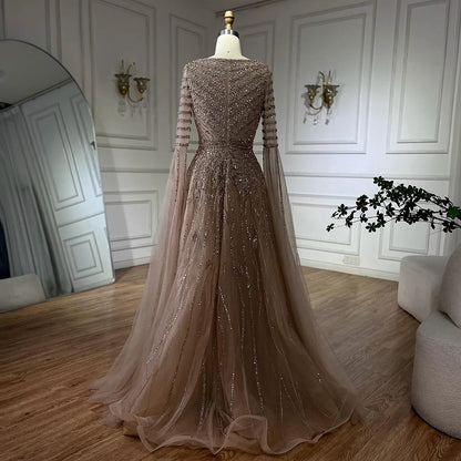 Customized 2025 Arabic Caramel Elegant A-Line Beaded Long Evening Dresses Gowns With Cape Sleeves For Formal Occasio LA72750