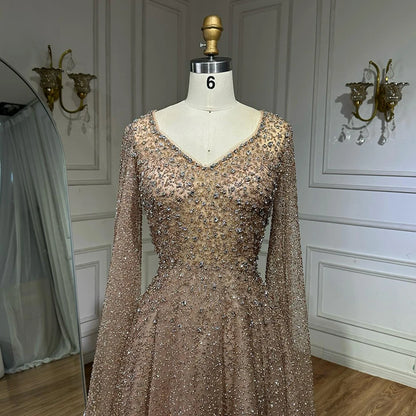 Serene Hill 2025 Customized Saudi Arabic Caramel Beaded Cape Sleeves A Line Evening Dresses For Formal Occasion LA72147A