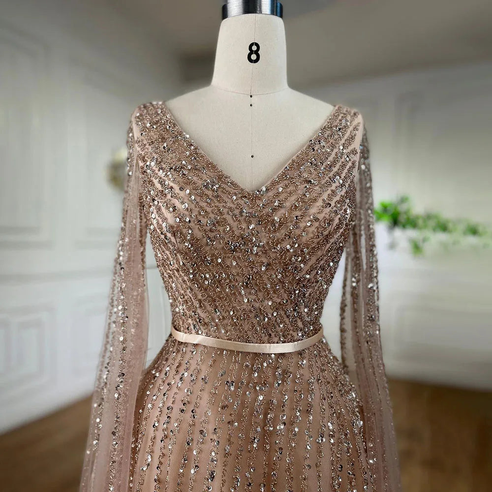 Serene Hill Mint Cape Sleeves A Line Beaded  Dubai Evening Dresses Long 2025 Celebrity Gowns For  Party LA71865 Customized