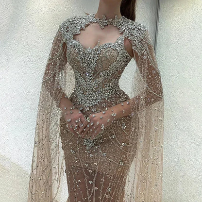 Serene Hill 2025 Nude Mermaid Evening Dress with Beaded Removable Cape Sleeves Gown for Formal Occasion LA72539 Customized