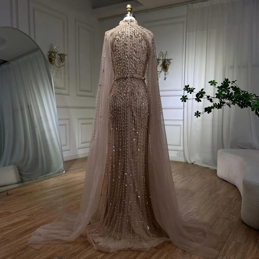 Muslim Nude Mermaid Cape Sleeves Pearls Beaded Luxury Dubai Evening Dresses Gowns 2025 Wedding Party LA72372 Customized