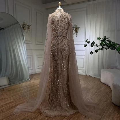 Muslim Nude Mermaid Cape Sleeves Pearls Beaded Luxury Dubai Evening Dresses Gowns 2025 Wedding Party LA72372 Customized