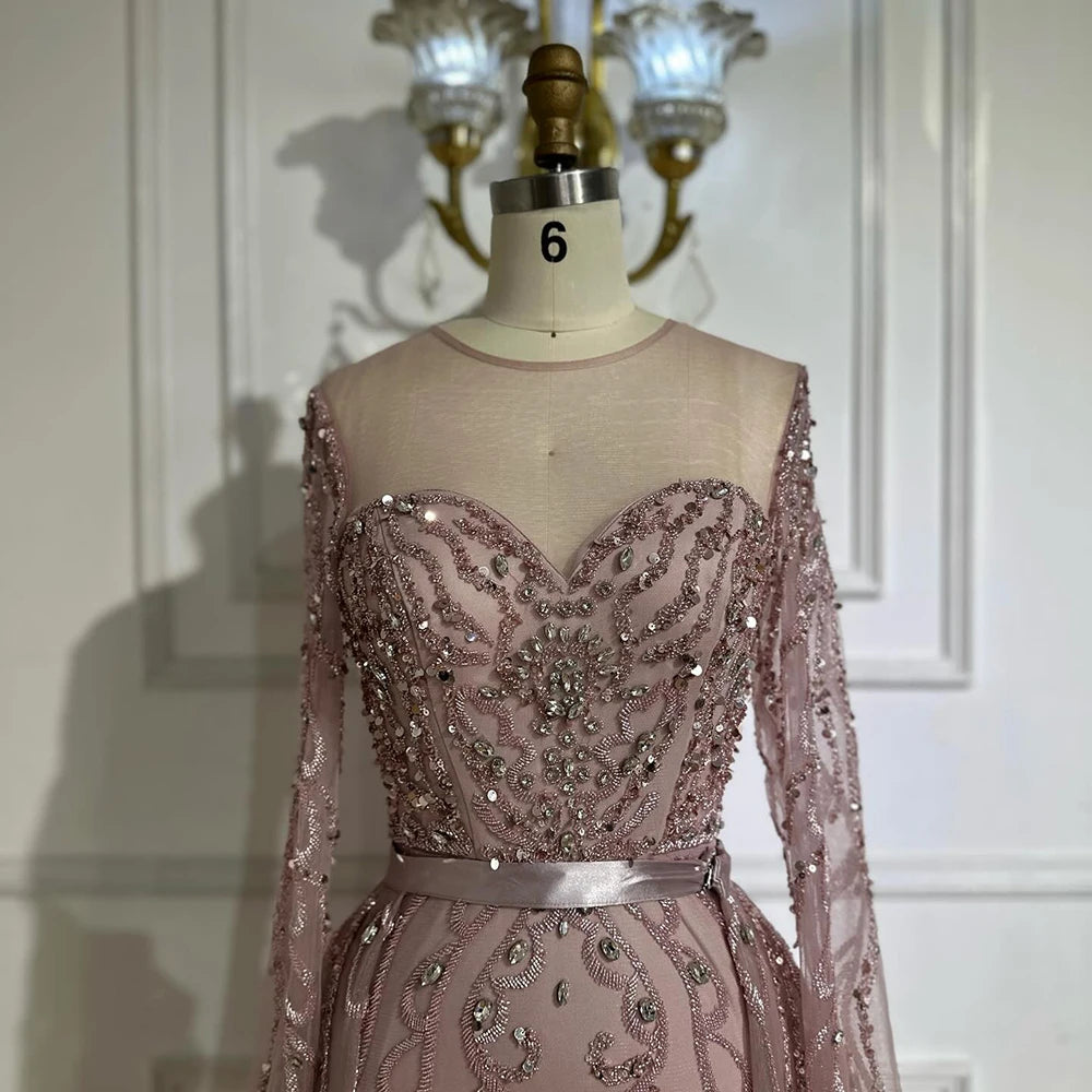 Serene Hill 2025 Customized Pink Beaded Saudi Arabic Mermaid Evening Dresses With Sheer Long Sleeves For Formal Occasion LA72875