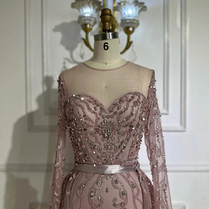 Serene Hill 2025 Customized Pink Beaded Saudi Arabic Mermaid Evening Dresses With Sheer Long Sleeves For Formal Occasion LA72875