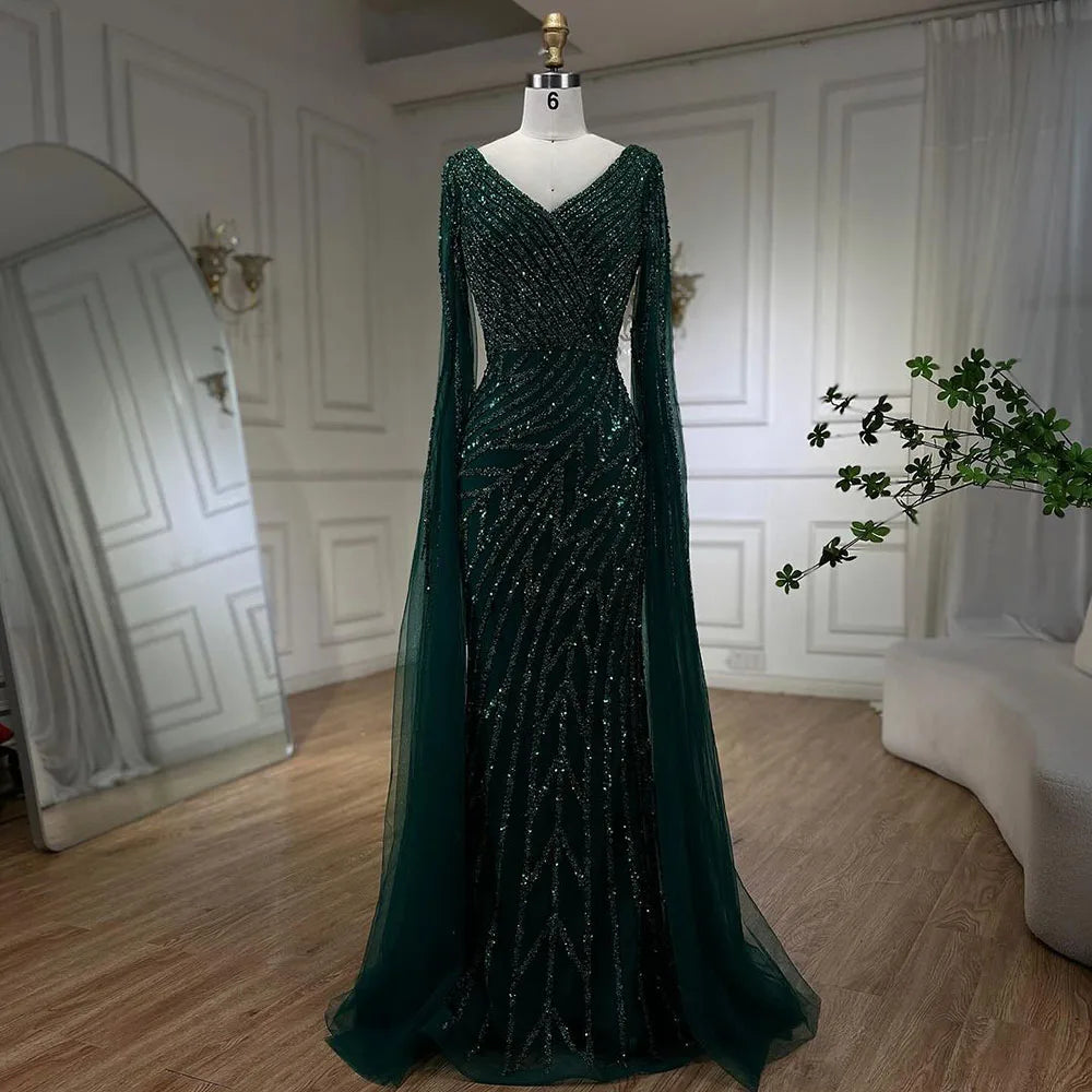 Serene Hill Arabic Mermaid Blue Beaded  Cape   Evening Dress Gown  2025 LA71493A Customized