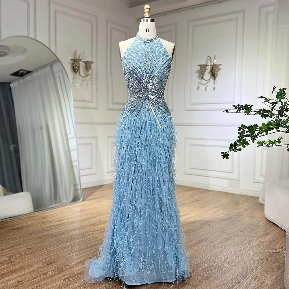 Serene Hill Dubai Halter Beige  Feathers Beaded Formal Luxury Mermaid Evening Dresses For Women Wedding Party 2025 LA70623A