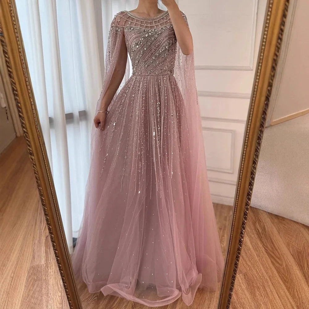 Luxury Caramel Evening Dress with Cape Long Sleeve Beaded Formal Gown for  Occasion Serene Hill 2025 LA72994 Customized