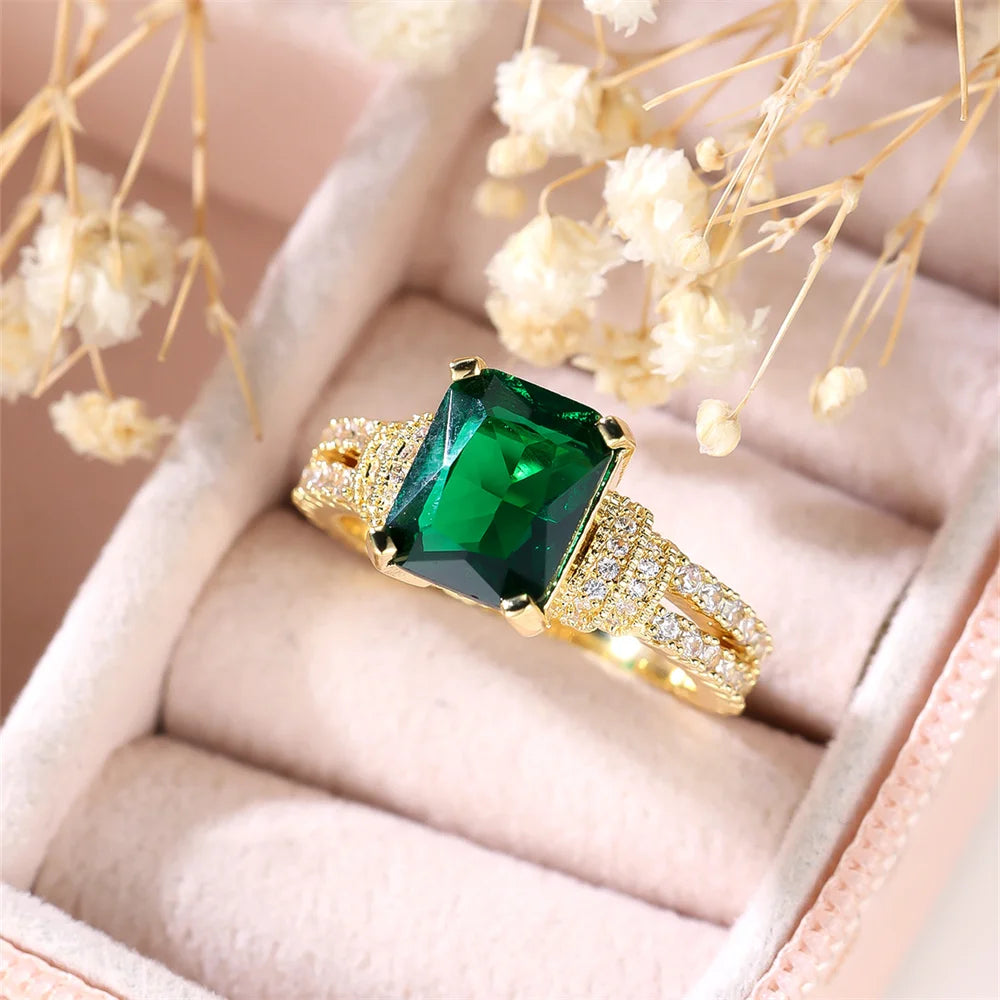 Green Crystal Square Stone Engagement Rings For Women Yellow Gold Color Wedding Band Jewelry May Birthstone Mother's Day Gifts