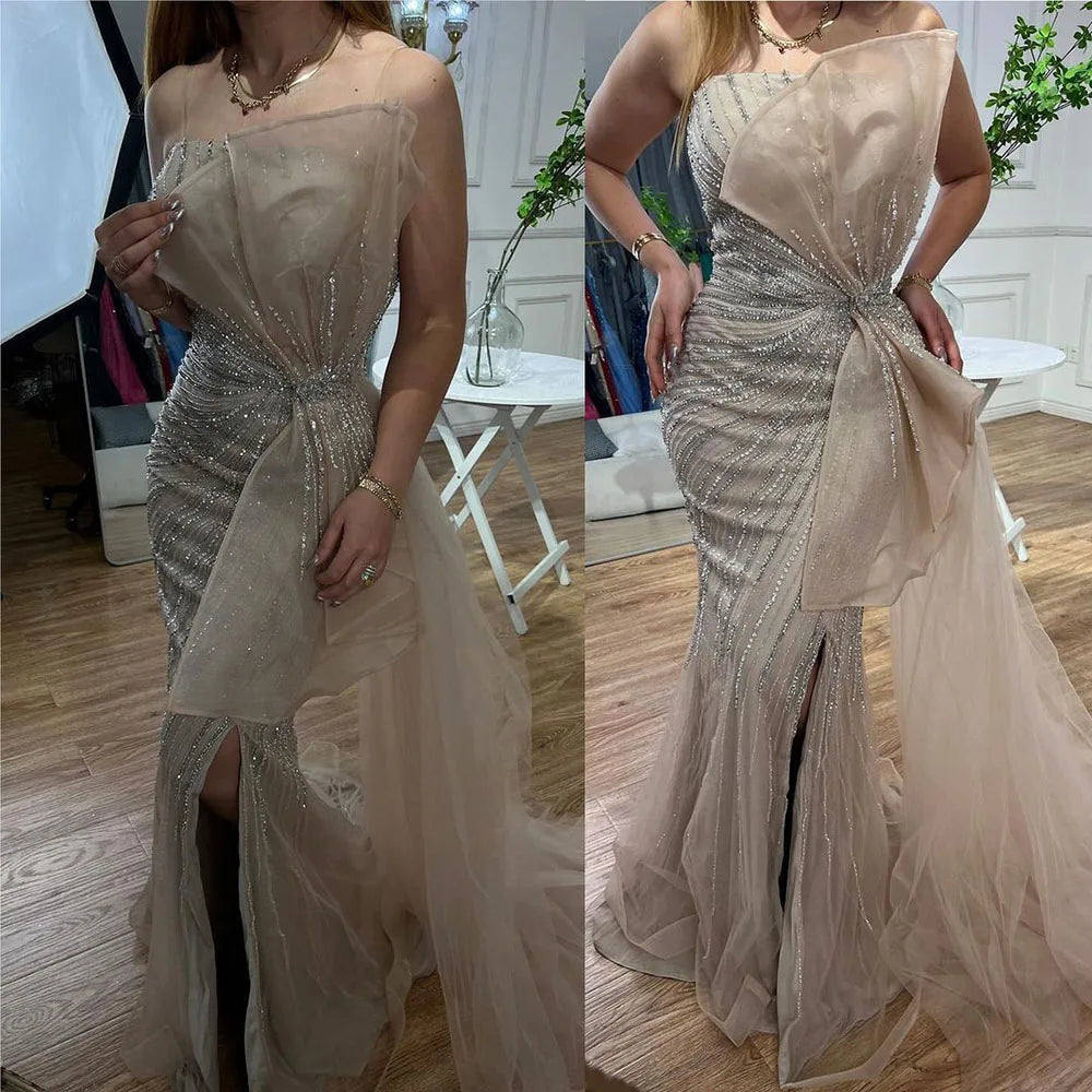 Serene Hill Dubai Green Beaded Mermaid High Split Evening Dresses 2025 Prom  For Party LA72090 Customized