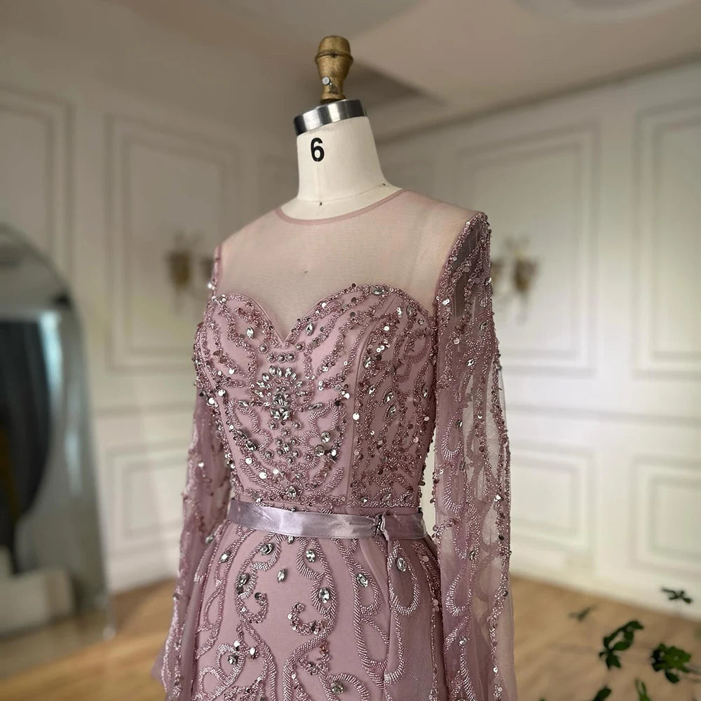 Serene Hill 2025 Customized Pink Beaded Saudi Arabic Mermaid Evening Dresses With Sheer Long Sleeves For Formal Occasion LA72875