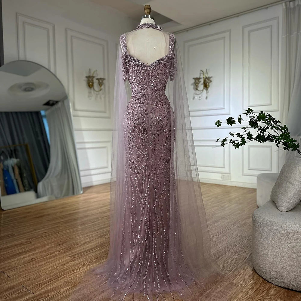Luxury Caramel Mermaid Evening Gown Beaded Dress with Cape Sleeves Elegant Formal Party Customized LA72921