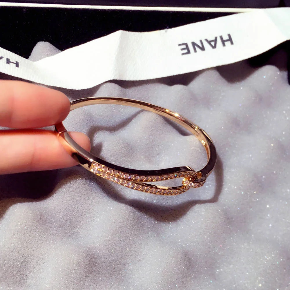 14k Real Gold Trend Fashion Simple Micro Inlaid Zircon Word Lady Bracelets for Women Temperament Exquisite Luxury Bangle Jewelry