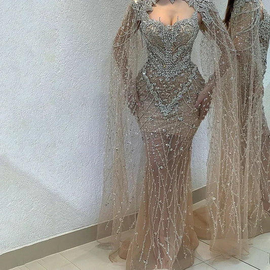 Serene Hill 2025 Nude Mermaid Evening Dress with Beaded Removable Cape Sleeves Gown for Formal Occasion LA72539 Customized