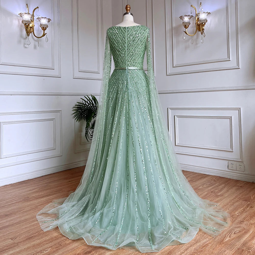 Serene Hill Mint Cape Sleeves A Line Beaded  Dubai Evening Dresses Long 2025 Celebrity Gowns For  Party LA71865 Customized