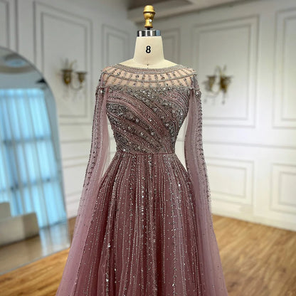 Luxury Caramel Evening Dress with Cape Long Sleeve Beaded Formal Gown for  Occasion Serene Hill 2025 LA72994 Customized
