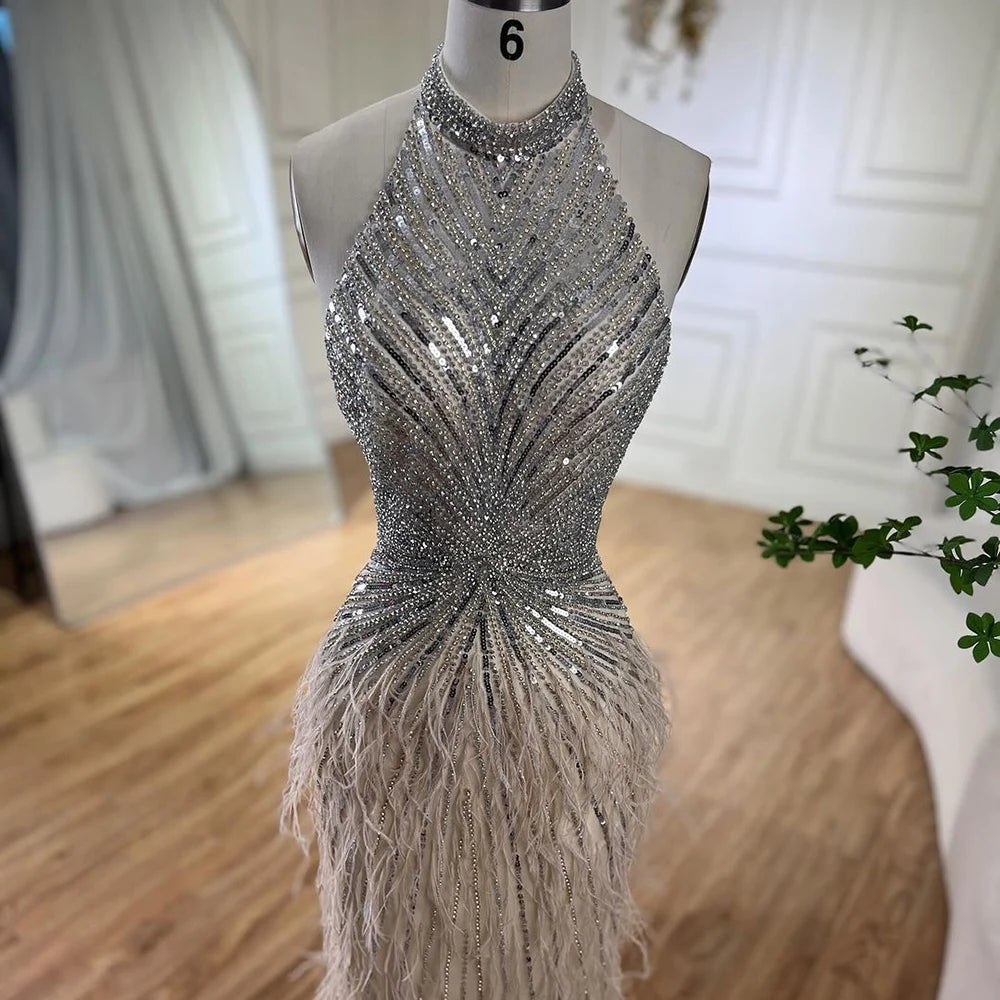 Serene Hill Dubai Halter Beige  Feathers Beaded Formal Luxury Mermaid Evening Dresses For Women Wedding Party 2025 LA70623A