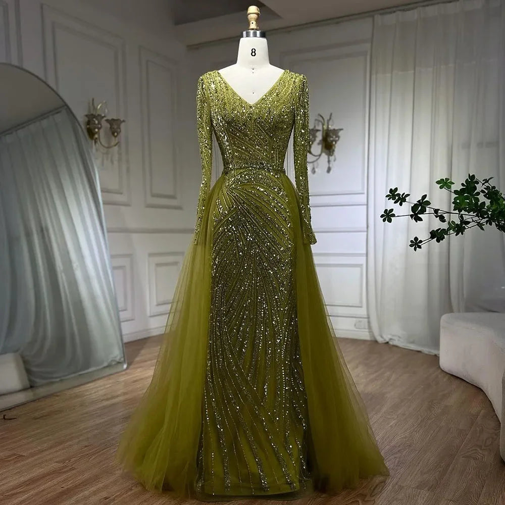 Serene Hill  Mermaid Beaded  Blue Muslim  Evening Dresses Gowns  with Detachable Skirt 2025  LA71750 Customized