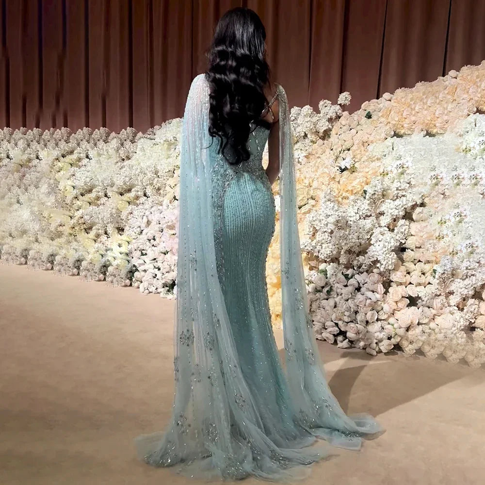 Luxury Mermaid Cape Sleeves Evening Dress Elegant Blue Beaded Crystal Tulle Prom Gowns Floor Length Party vestido For Women