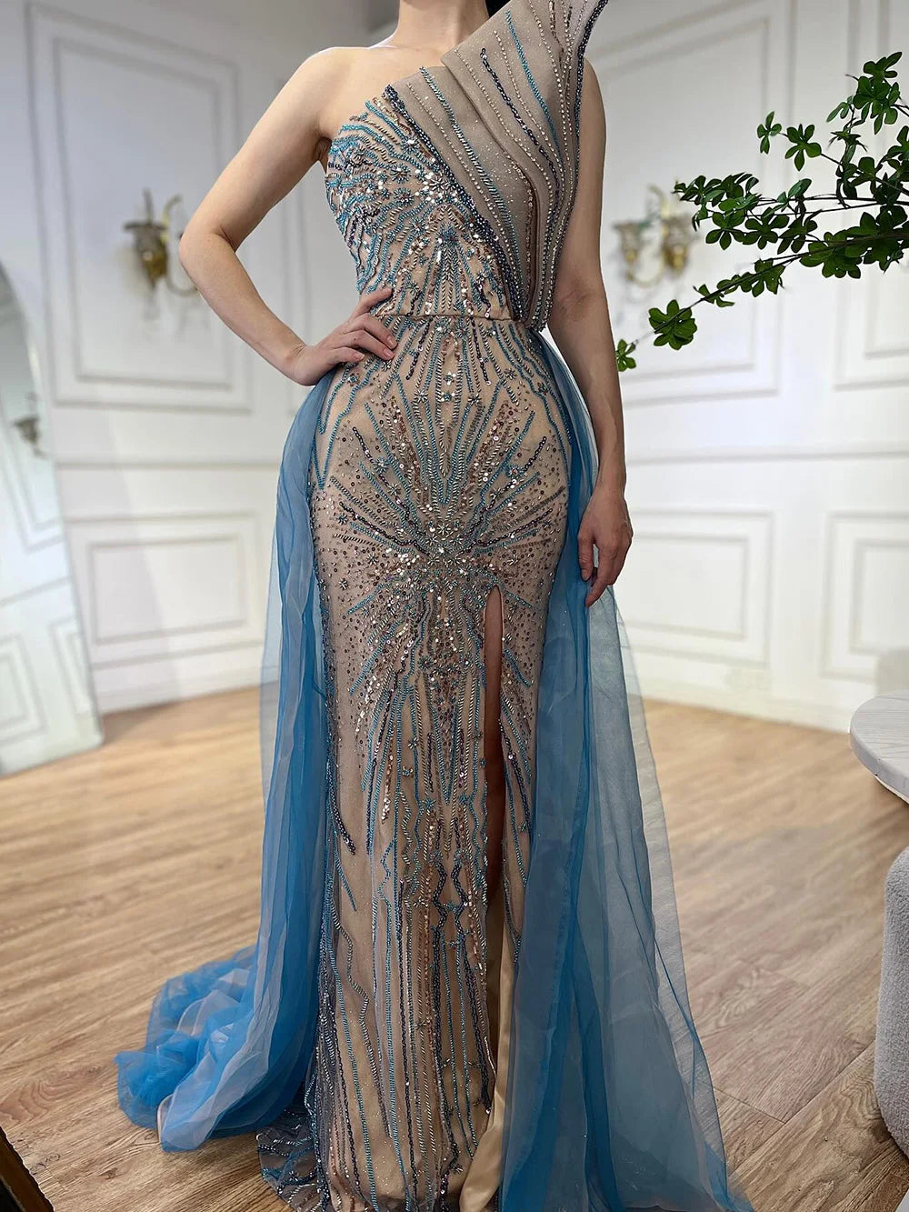 Serene Hill Blue High Split With Overskirt Mermaid  Beaded Dubai Evening Dresses For Party 2025 LA71921A Customized
