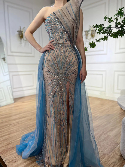 Serene Hill Blue High Split With Overskirt Mermaid  Beaded Dubai Evening Dresses For Party 2025 LA71921A Customized