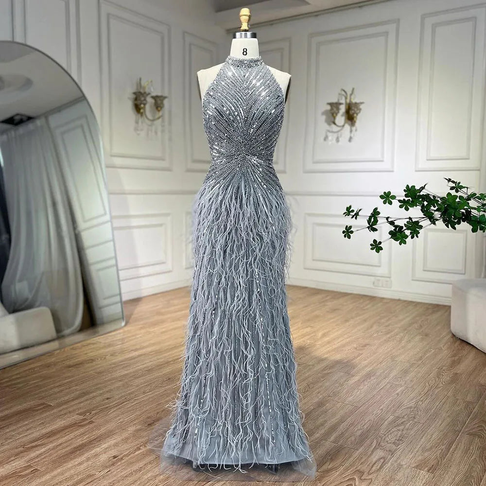 Serene Hill Dubai Halter Beige  Feathers Beaded Formal Luxury Mermaid Evening Dresses For Women Wedding Party 2025 LA70623A
