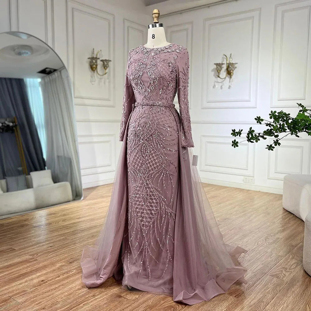 Serene Hill Muslim Silver Nude Mermaid Gown with Detachable Overskirt Beaded Evening Dress for Women Wedding Party 2025 LA71919