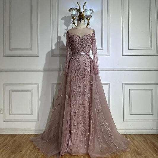 Serene Hill 2025 Customized Pink Beaded Saudi Arabic Mermaid Evening Dresses With Sheer Long Sleeves For Formal Occasion LA72875
