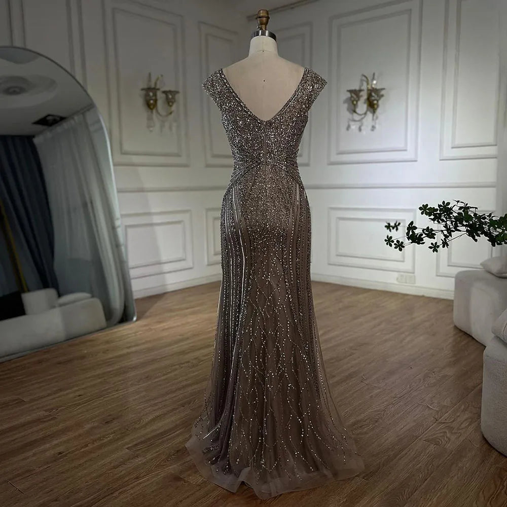 Customized Dubai Caramel Elegant Sleeveles Mermaid Beaded Arabic Evening Dresses Gowns For Women Wedding Party 2025 LA72456