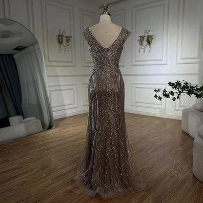 Customized Dubai Caramel Elegant Sleeveles Mermaid Beaded Arabic Evening Dresses Gowns For Women Wedding Party 2025 LA72456