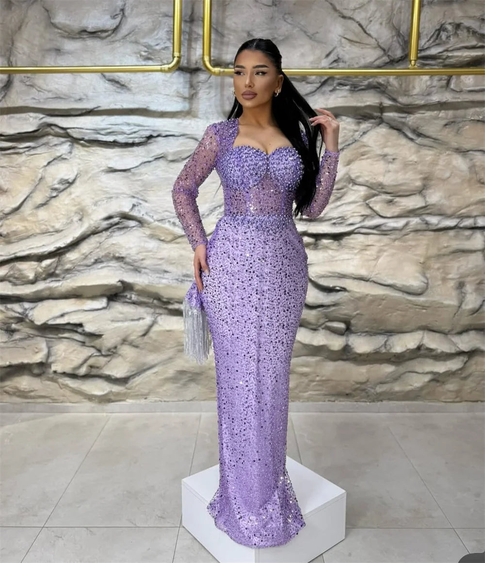 Contessa Dubai Heart Shaped Neckline Beading Long Sleeve Prom Dresses Mermaid Customized فساتين سهرات Exquisite robes de soirée