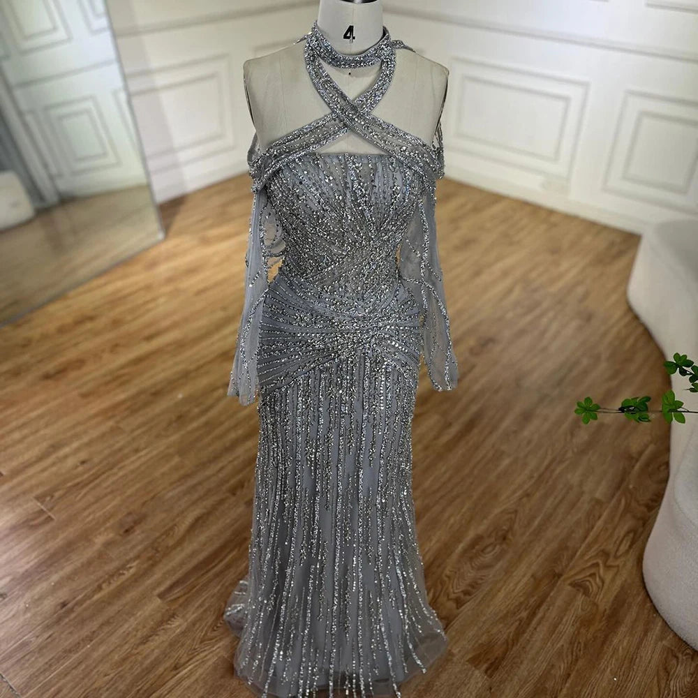 Serene Hill Arabic Gray Decorative Halter Mermaid Evening Dresses Beaded Dress For Formal Occasion LA72651 Customized 2025