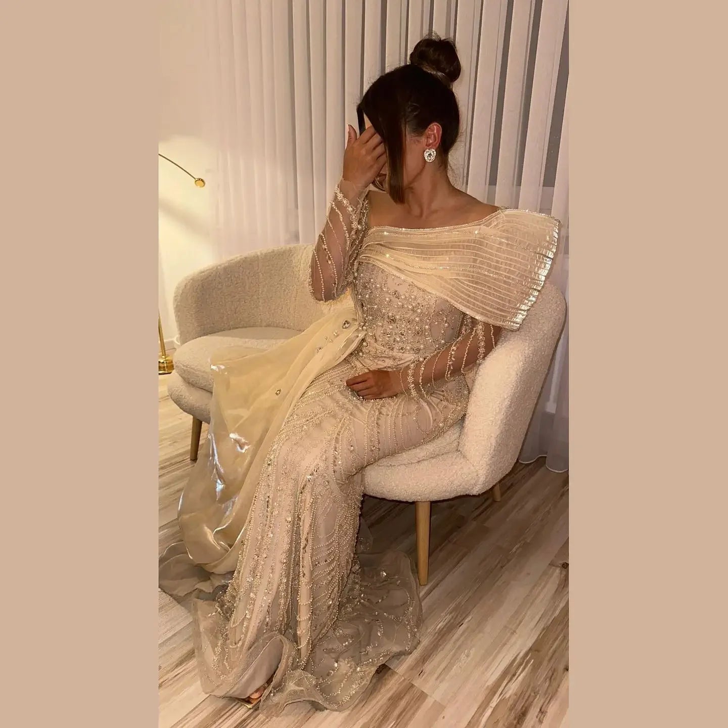 Sharon Said Nude Luxury Crystal Mermaid Evening Dress with Overskirt Long Sleeve Dubai Wedding Formal Prom Gown SS256 Customized